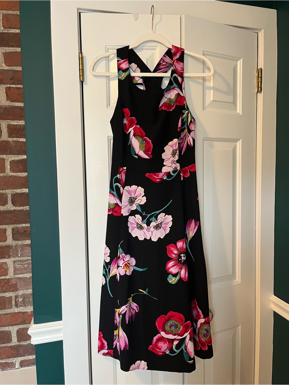 Ann Taylor Black & Pink Midi Dress with Criss Cross Back | size 4